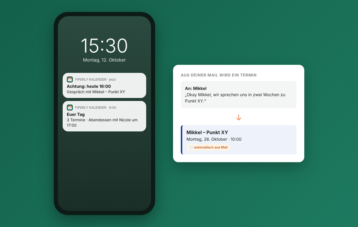 Hinweis auf dem Handy und ein Termin, der automatisch aus einer E-Mail entsteht